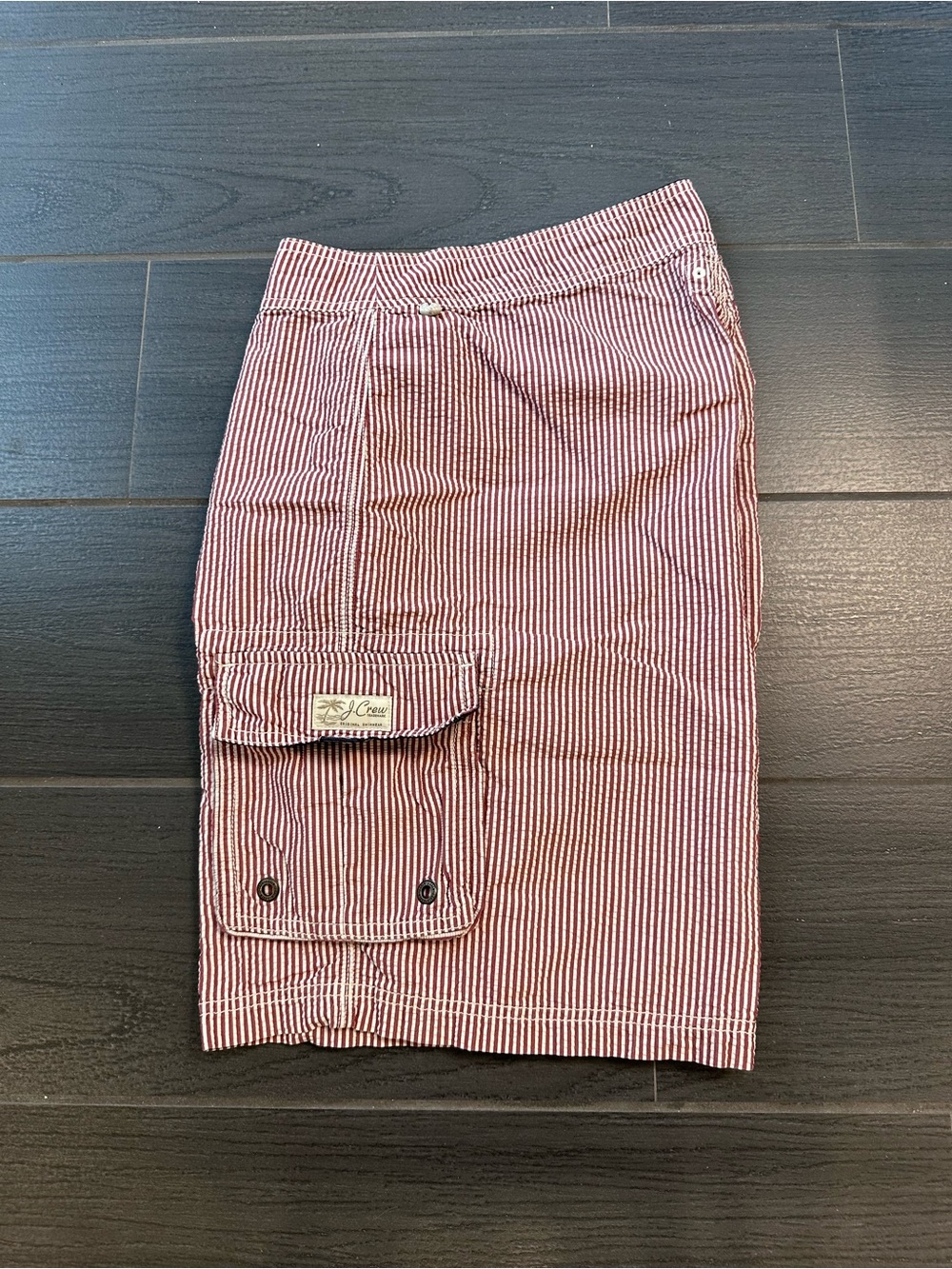 J. Crew Men’s Vintage Red and White Striped Seersucker Board Shorts